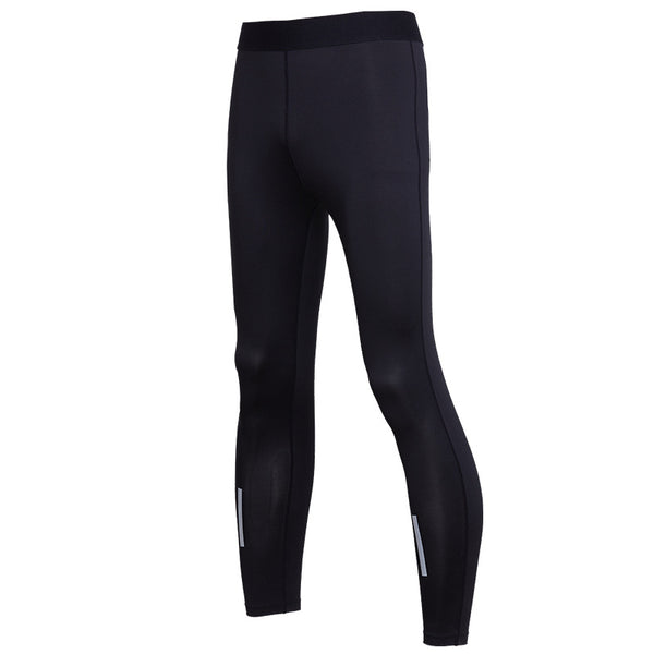 Black men's fitness pants with a tight fit, elastic waistband, and reflective strips on the lower legs. - Image 11