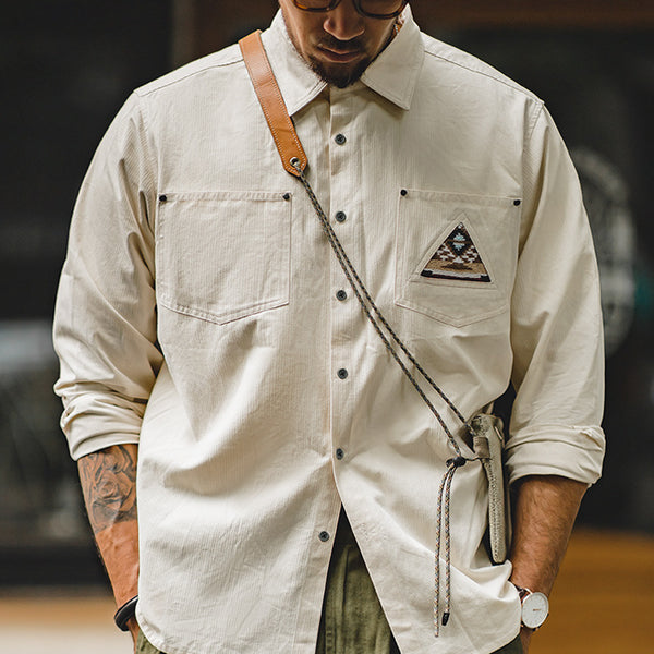 Camisa Manga Larga Estilo Retro con Totem Indígena Crema