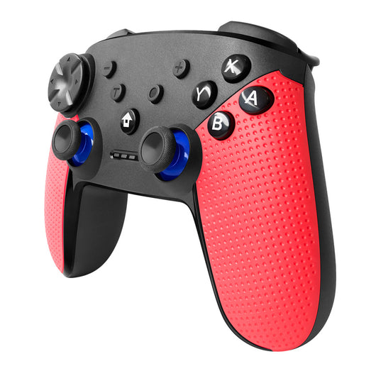 Black and red wireless Bluetooth gamepad with textured grips, dual analog sticks, D-pad, and face buttons. - Image 4
