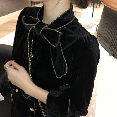 Blusa de Terciopelo con Ribete de Seda Dorada - Elegancia Sofisticada - Image 2