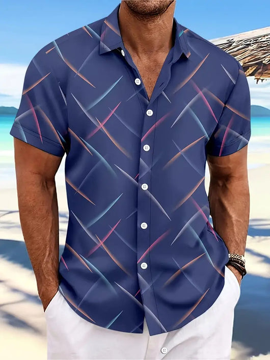 Camisa de Playa Hombre Rayas Plumas - Manga Corta Botones Casual Verano - Image 10