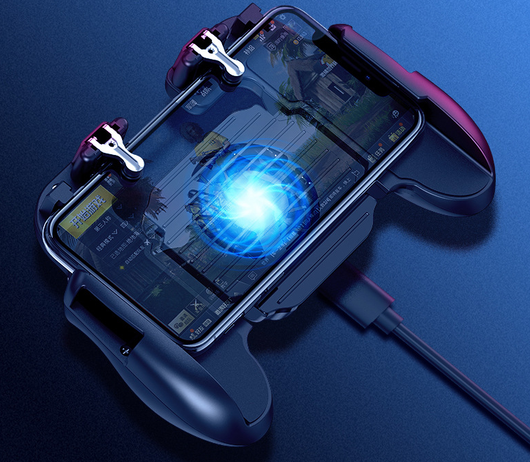 Dark blue smartphone game controller with integrated cooling fan and silver trigger buttons for mobile gaming. - Image 7