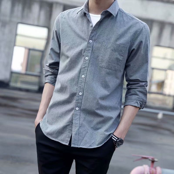 Camisa Oxford de Manga Larga Color Sólido para Hombre