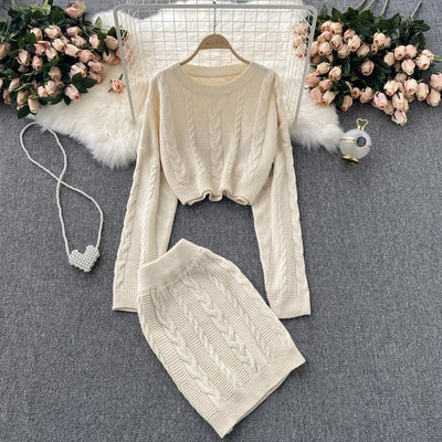 Conjunto Vintage Falda Alta con Suéter Retorcido de Manga Larga - Image 5