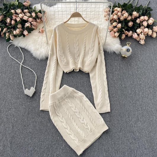 Conjunto Vintage Falda Alta con Suéter Retorcido de Manga Larga - Image 5