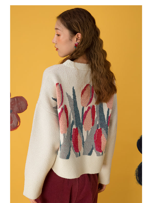 Suéter Holgado con Estampado Vintage de Tulipanes