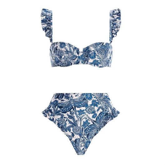 Purple and white floral high-waisted bikini with ruffled straps and push-up bandeau top. - Image 7