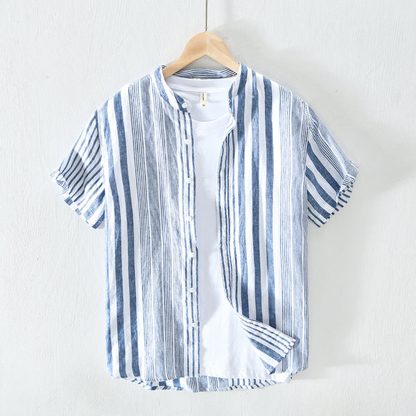 Camisa de Lino Hombre Rayas Verdes Manga Corta Oversized