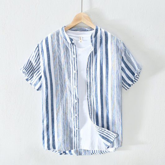 Camisa de Lino Hombre Rayas Verdes Manga Corta Oversized