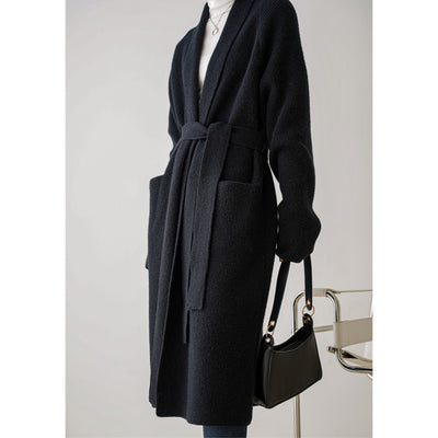 Cardigan Largo de Alpaca Grueso con Cinturón - Suéter Tejido Holgado para Mujer