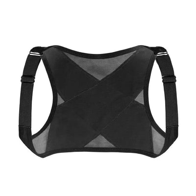 Woman wearing a black posture correction belt with criss-cross back design over a grey shirt, adjusting the strap. - Image 7