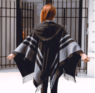 Capa Chal Mujer Otoño Invierno con Capucha y Borlas - Abrigo Versátil Doble Uso