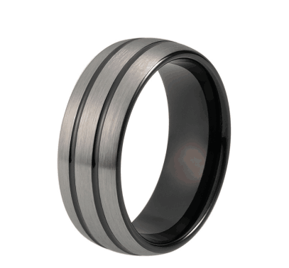 Anillo de Tungsteno Negro 8mm para Hombre y Mujer - Diseño Dome con Líneas Plateadas y Acabado Mate