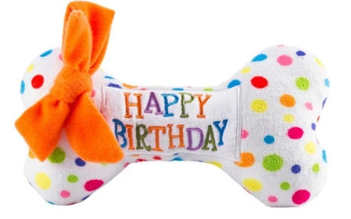 Plush pet toy shaped like a white gift box with colorful polka dots, an orange bow, and "HAPPY BIRTHDAY" ribbon. - Image 6