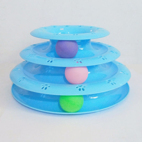 Pink three-tier cat toy with colorful blue, red, and purple balls on tracks, featuring paw print cutouts. - Image 3