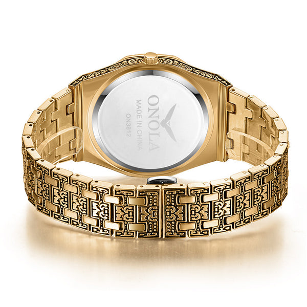 Reloj de Pulsera Vintage Tallado para Hombre Acero Inoxidable Resistente al Agua Dorado