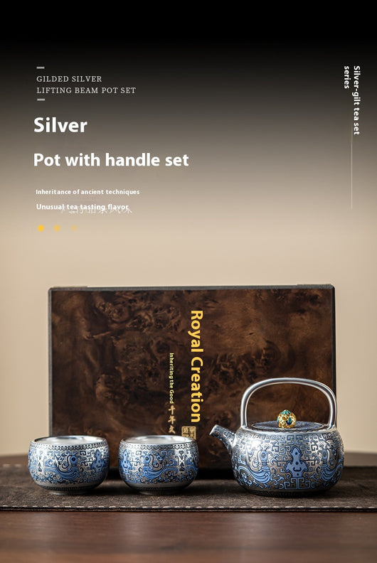 Juego de Té Taotie Chapado en Oro y Plata - Tetera Artesanal de Lujo - Image 24
