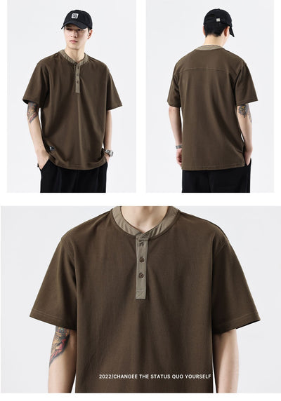 Playera Cuello Henley Básica de Color Sólido para Verano - Image 10