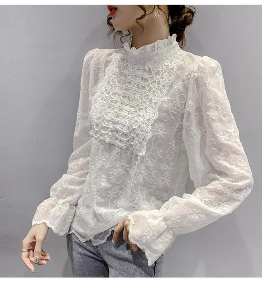 Blusa de Encaje con Cuello Semialto y Mangas Farol - Image 7