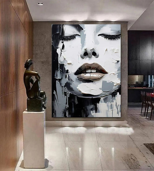 Cuadro Pintura al Óleo Abstracto Blanco y Negro Retrato Moderno de Mujer para Decoración del Hogar