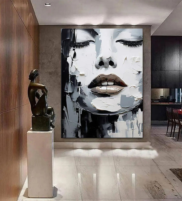 Cuadro Pintura al Óleo Abstracto Blanco y Negro Retrato Moderno de Mujer para Decoración del Hogar