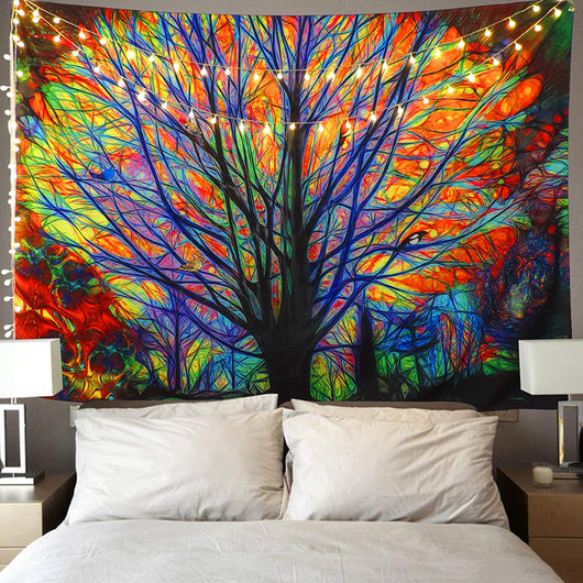 Colorful tree forest tapestry with vibrant abstract art and string lights, hung above a bed with blue bedding. - Image 5