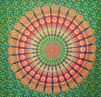 Blue, orange, and red mandala tapestry with intricate floral patterns, ideal for wall decor or dorm rooms. - Image 3