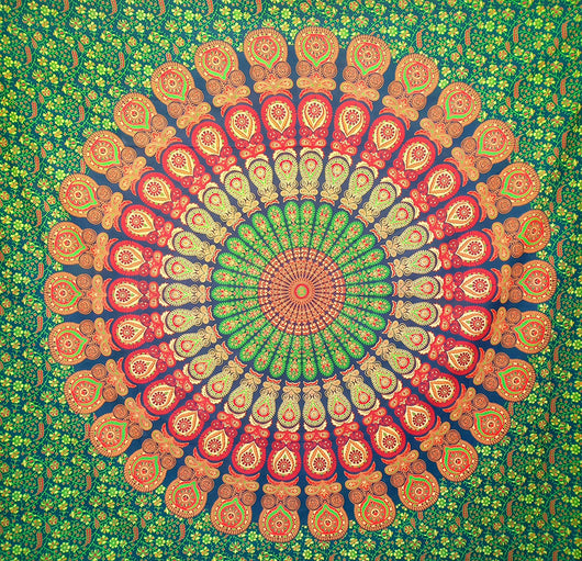 Blue, orange, and red mandala tapestry with intricate floral patterns, ideal for wall decor or dorm rooms. - Image 3