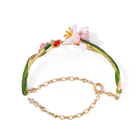 Pulsera Ajustable de Esmalte Pintada a Mano - Flores del Bosque Francés