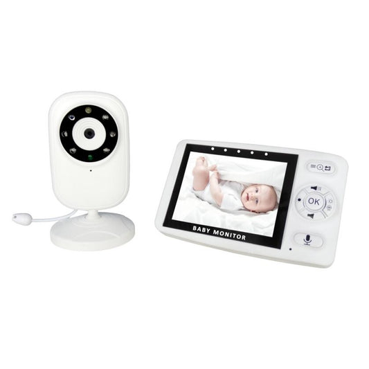 White 3.5-inch wireless baby monitor with a screen showing a smiling baby, featuring gray control buttons.