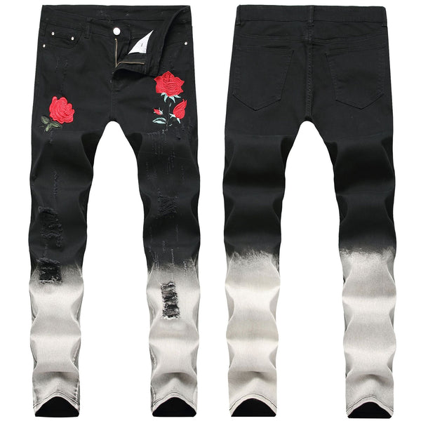 Pantalones Negros con Bordado de Rosas y Detalles Rotos