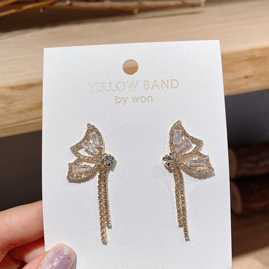 Aretes de Mariposa con Diamantes Brillantes y Borlas - Image 3