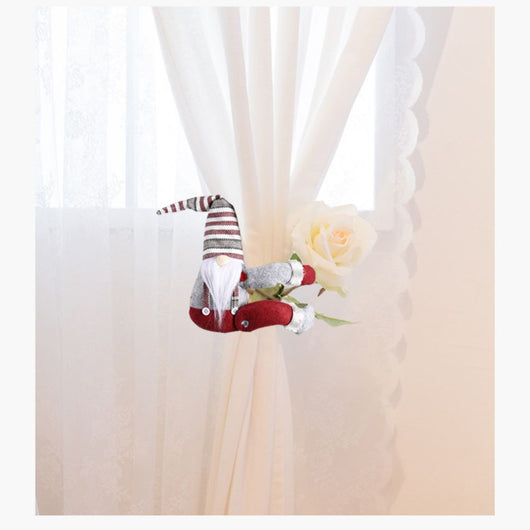 Christmas gnome curtain buckle with a red and white patterned hat, gray body, and long white beard. - Image 4