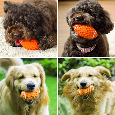 Orange rubber rugby ball dog toy with honeycomb texture and white laces, being squeezed by a hand. - Image 11