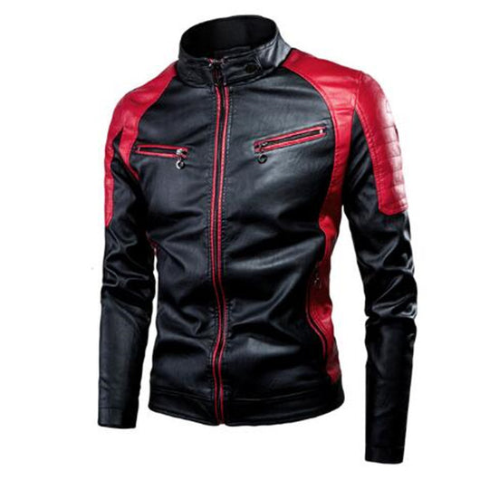 Chaqueta de Cuero Motociclista Casual con Costuras de Lana para Hombre
