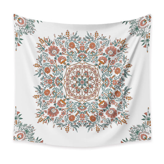 White bohemian retro tapestry with a central coral, teal, and brown floral mandala print and corner accents.