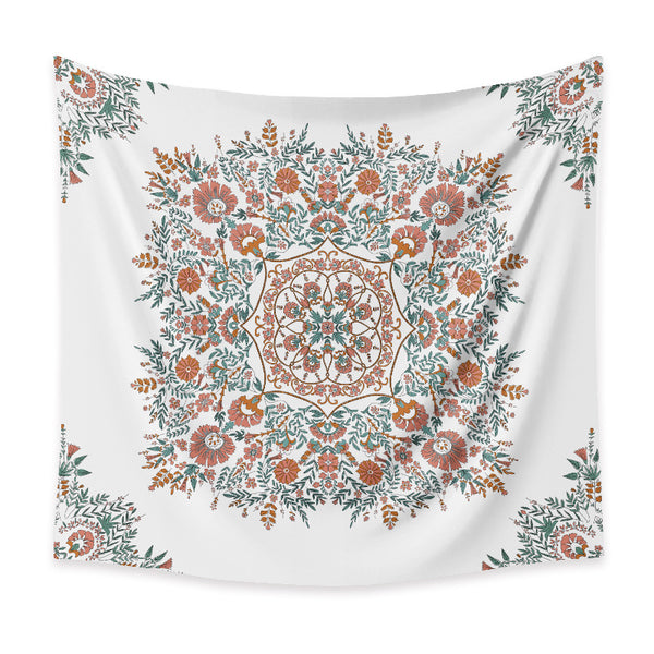 White bohemian retro tapestry with a central coral, teal, and brown floral mandala print and corner accents.