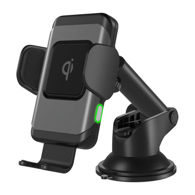 Grey and black 10W fast wireless car charger with automatic clamping arms and a vent mount, featuring a green indicator light. - Image 5
