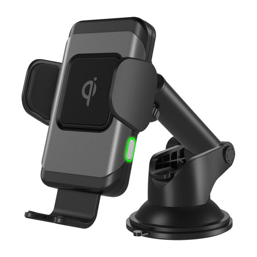 Grey and black 10W fast wireless car charger with automatic clamping arms and a vent mount, featuring a green indicator light. - Image 5