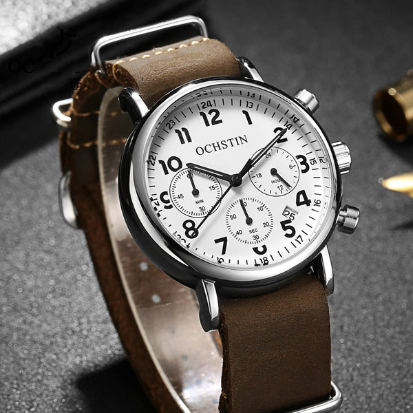 Reloj de Cuarzo Multifunción con Calendario de Tres Esferas
