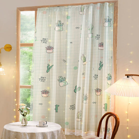 White semi-sheer curtain with a green grid pattern and illustrations of potted cacti and succulents, featuring "DON'T TOUCH ME" text. - Image 7