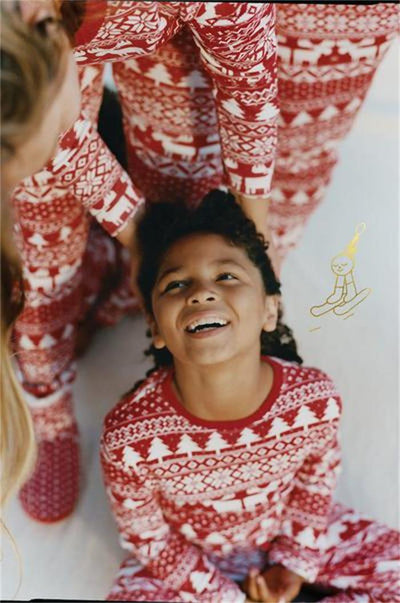 Red and white Christmas print one-piece pajama suit with reindeer, Christmas trees, and snowflakes. - Image 26