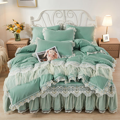 Juego de Cama Princesa Coreana con Falda de Encaje y Edredón de 4 Piezas - Image 19