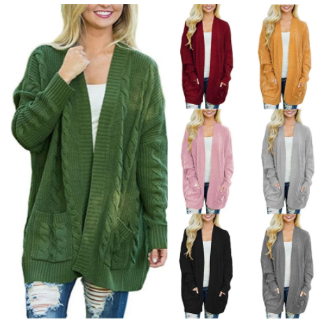 Cardigan Tejido Retorcido Largo con Bolsillos Dobles