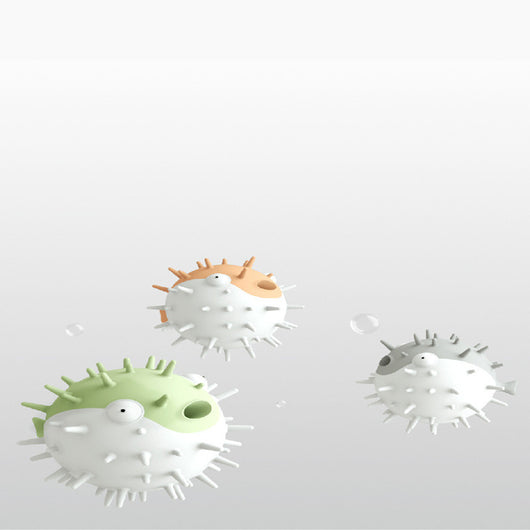 White and grey pufferfish-shaped dog toy with spikes, designed to be bite-resistant and vocal. - Image 3