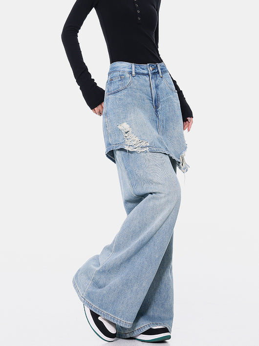 Pantalones Rectos Azul Vintage Efecto Desgastado Doble Tela para Mujer - Image 8