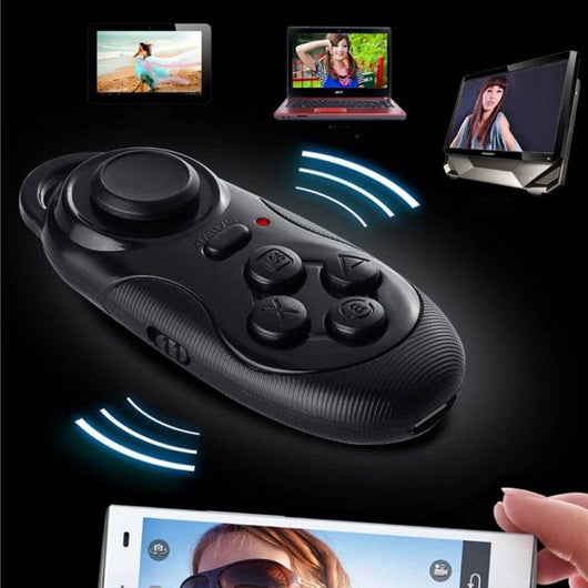 Black mini Bluetooth controller with joystick and buttons, shown with icons for gaming, music, camera, and e-reading. - Image 3