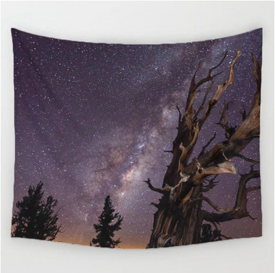 Starry Night Tapestry featuring the Milky Way galaxy above a gnarled tree and evergreen silhouettes.