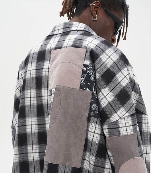 Camisa Suelta Hip Hop con Parches de Cuadros y Manga Larga - Image 8