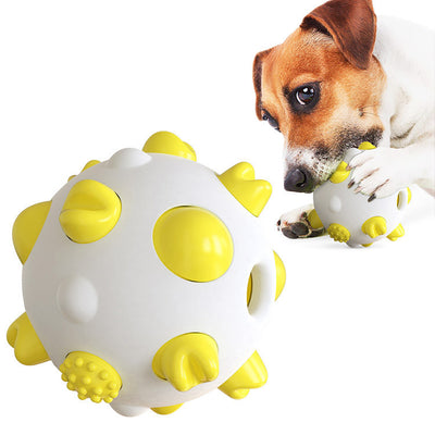White and teal spherical dog toy with textured nubs for dental cleaning, shown with a dog chewing a similar toy. - Image 12